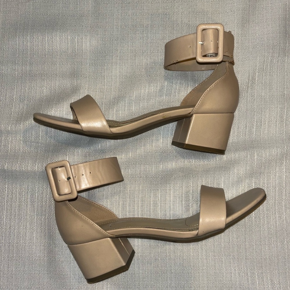 Beige Block Heel Sandals, Buckle Detail